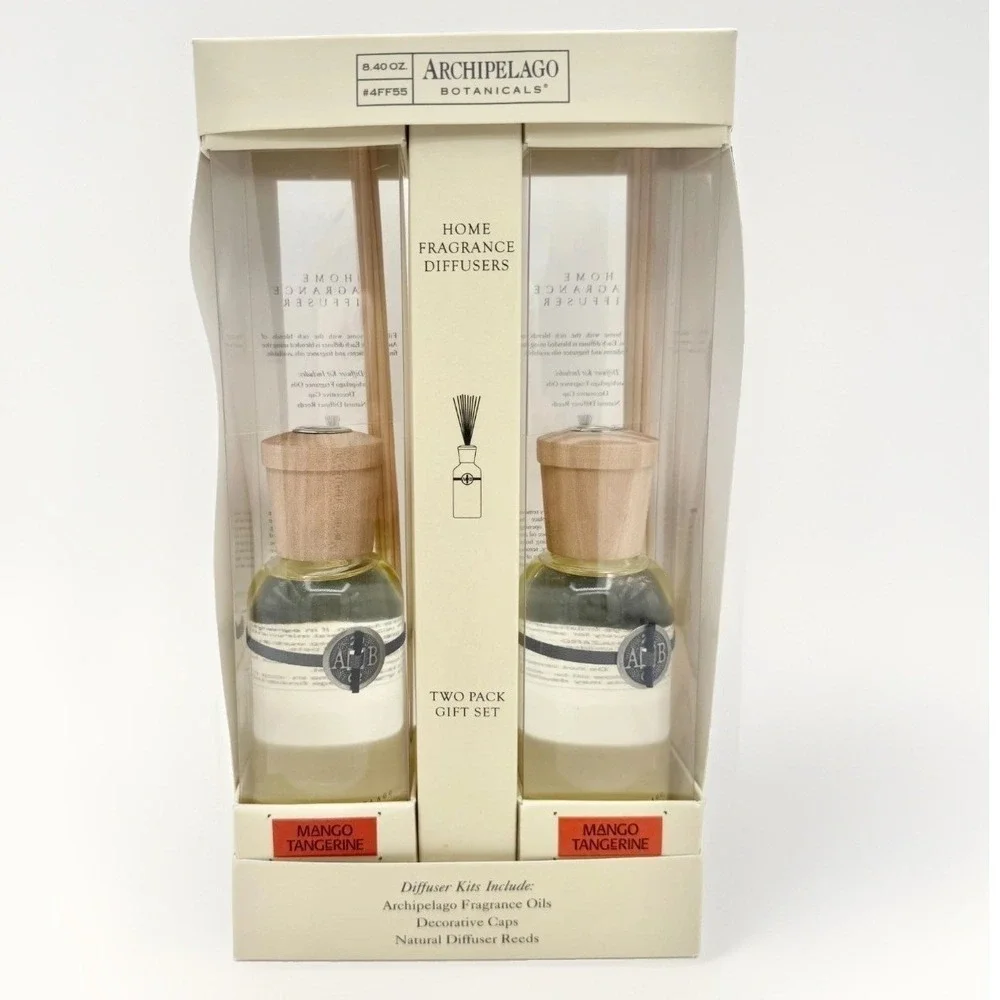 Archipelago Botanicals Mango Tangerine Reed Diffuser Gift Set 2 Pack 8.4 oz New